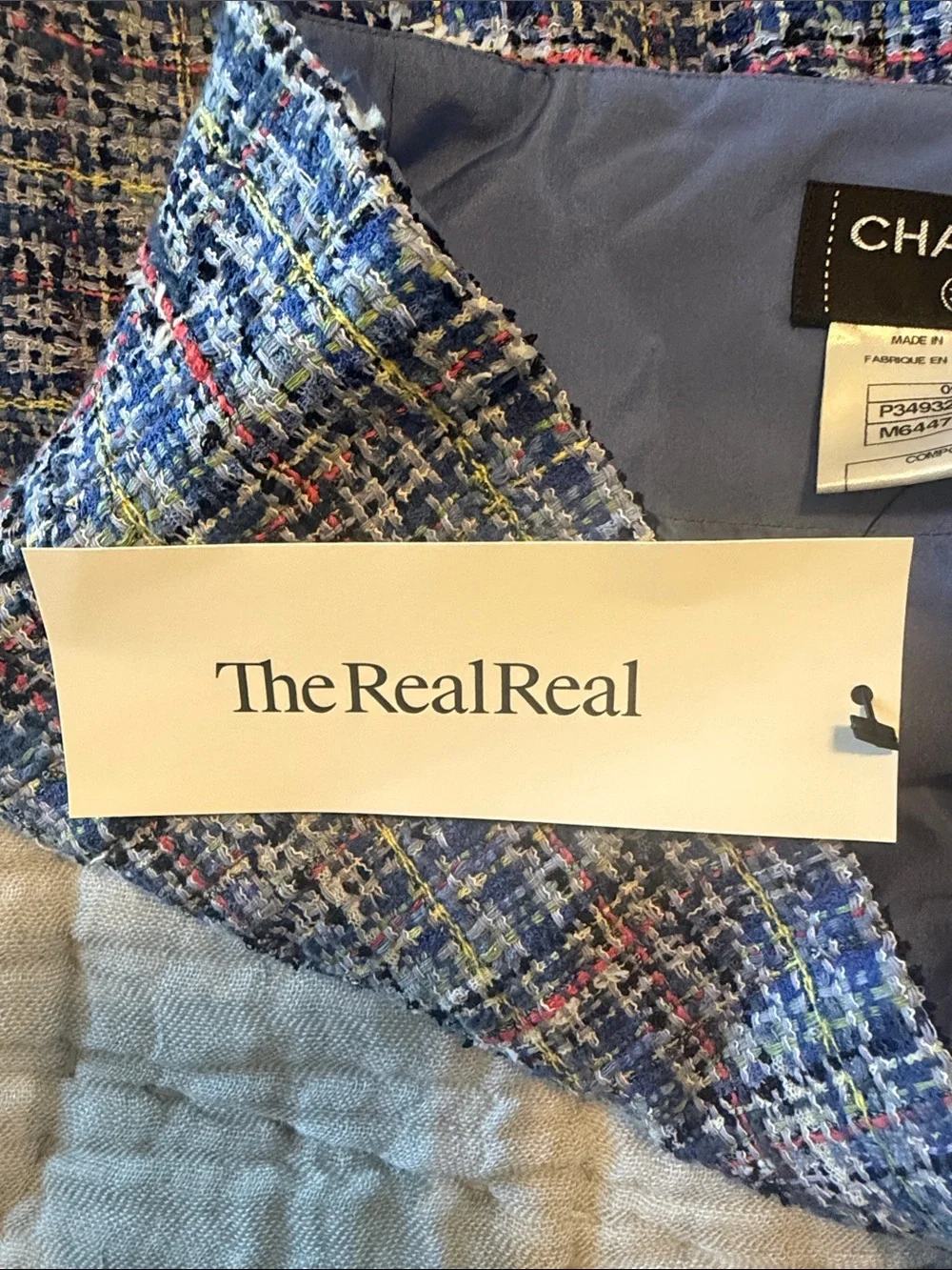 CHANEL Blue Multicolor Tweed Pencil Skirt with Fringed Trim